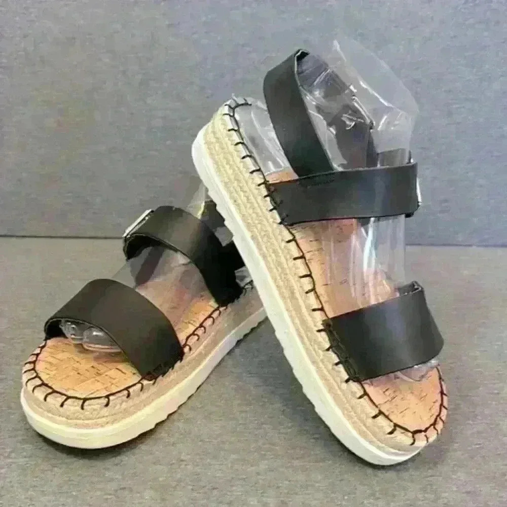 MTNG Wedge Sandal Black Strap Faux Leather Espadrille Cork Soles Women 40-9/9.5 - Picture 4 of 12
